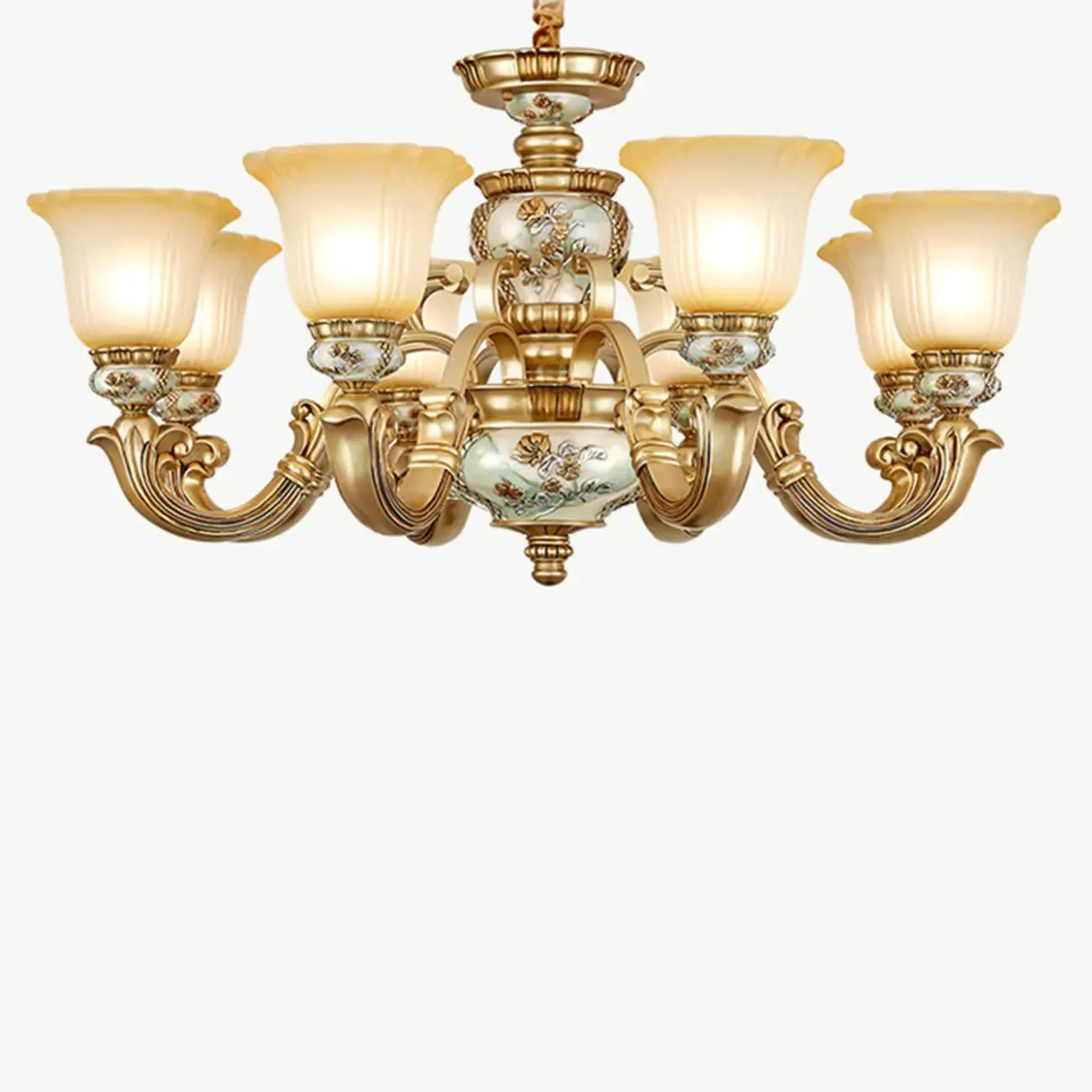 Lustre antique en céramique dorée avec cloche en verre dépoli