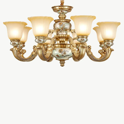 Lustre antique en céramique dorée avec cloche en verre dépoli