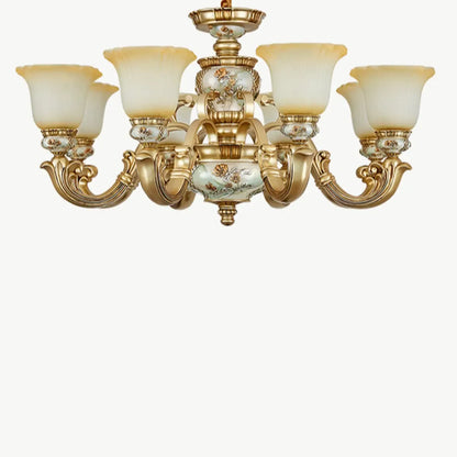 Lustre antique en céramique dorée avec cloche en verre dépoli