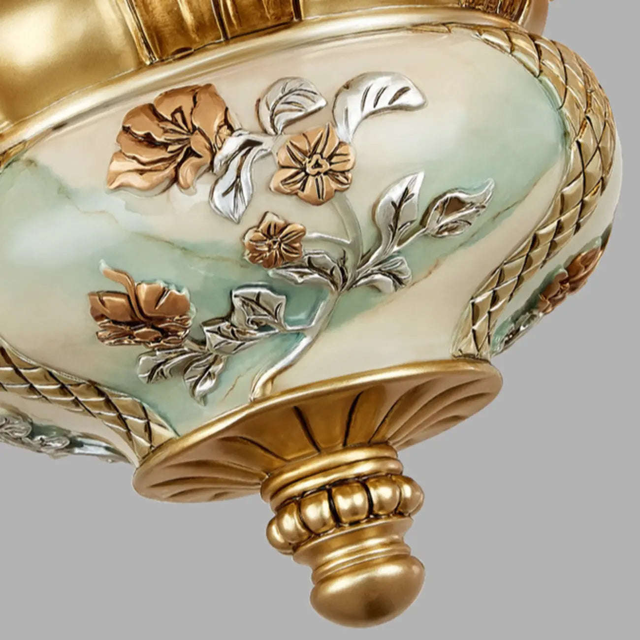 Lustre antique en céramique dorée avec cloche en verre dépoli