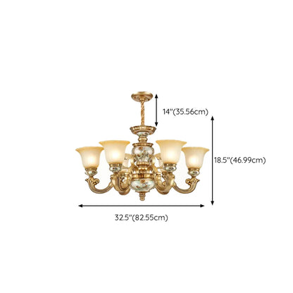 Lustre antique en céramique dorée avec cloche en verre dépoli