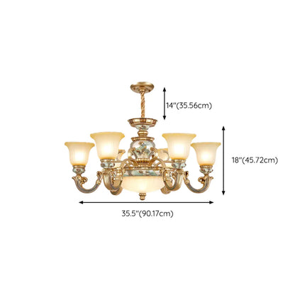 Lustre antique en céramique dorée avec cloche en verre dépoli