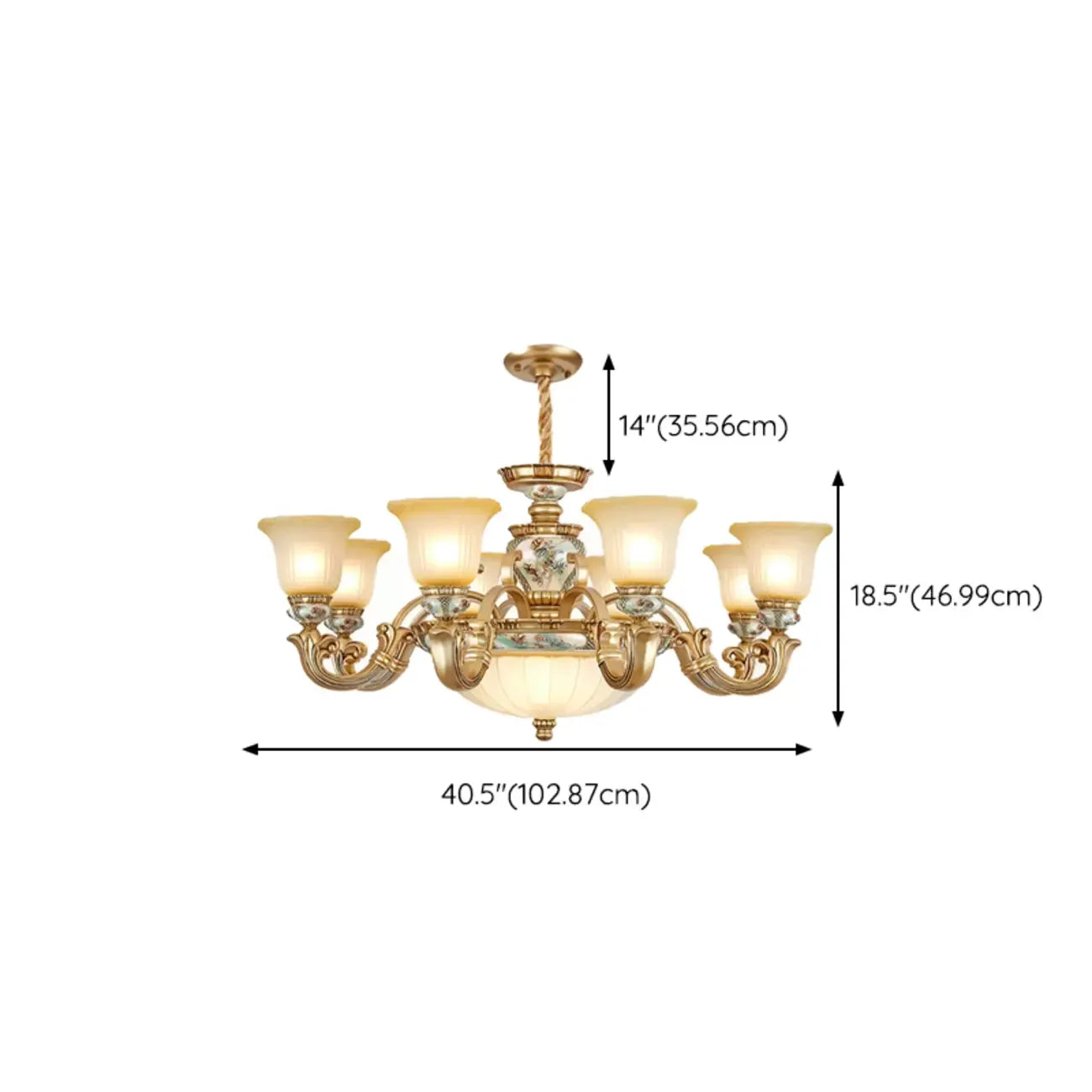 Lustre antique en céramique dorée avec cloche en verre dépoli
