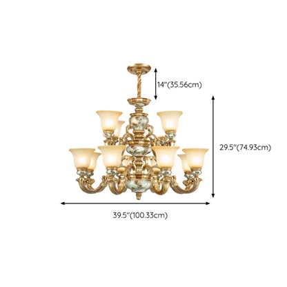 Lustre antique en céramique dorée avec cloche en verre dépoli