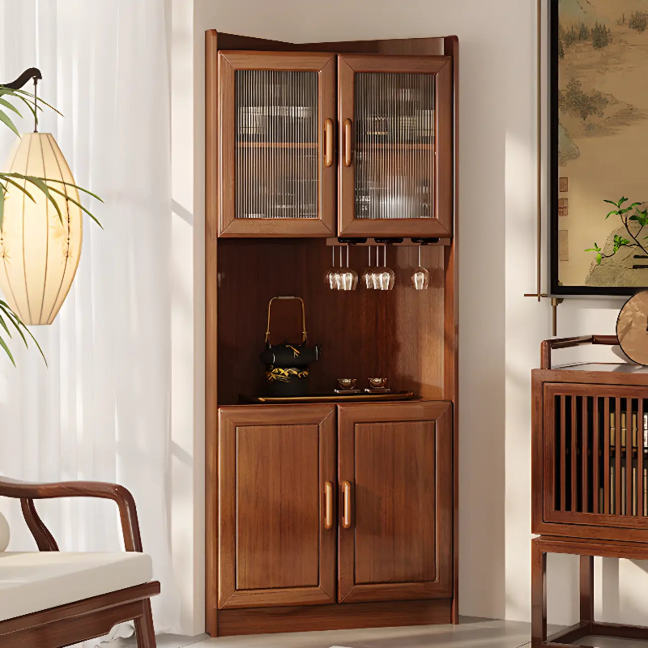 Meuble d'angle scandinave en bois avec porte-verres à pied