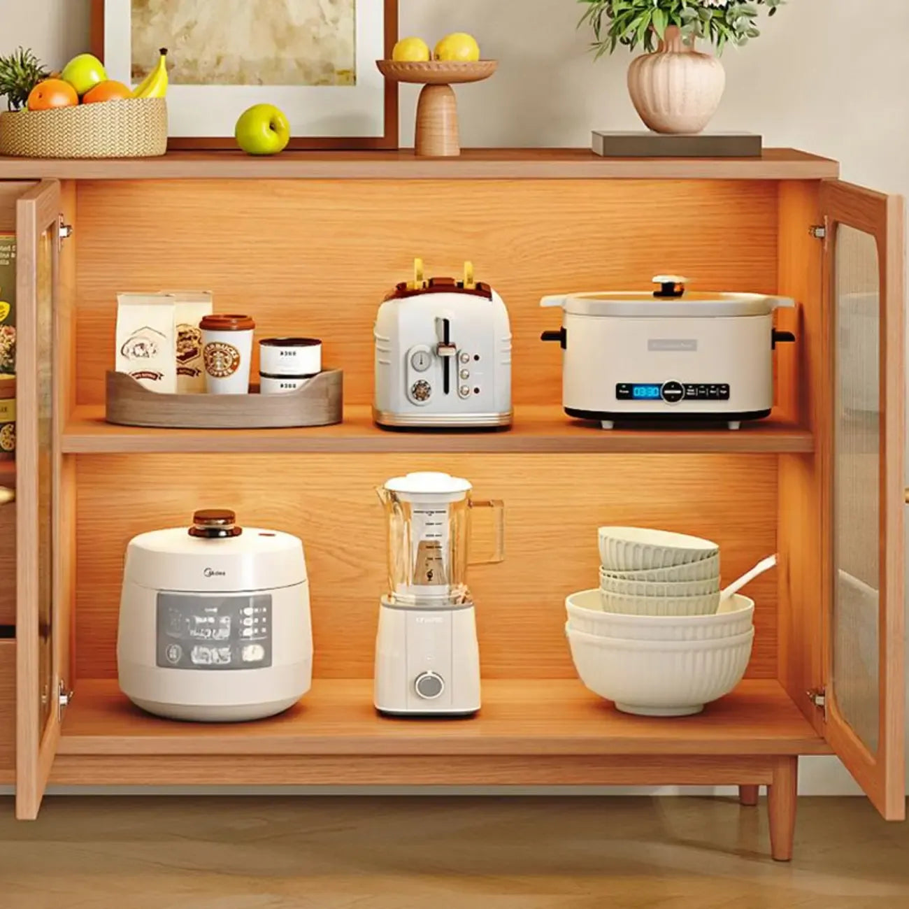 Buffet en bois d'hévéa finition naturelle avec tiroirs