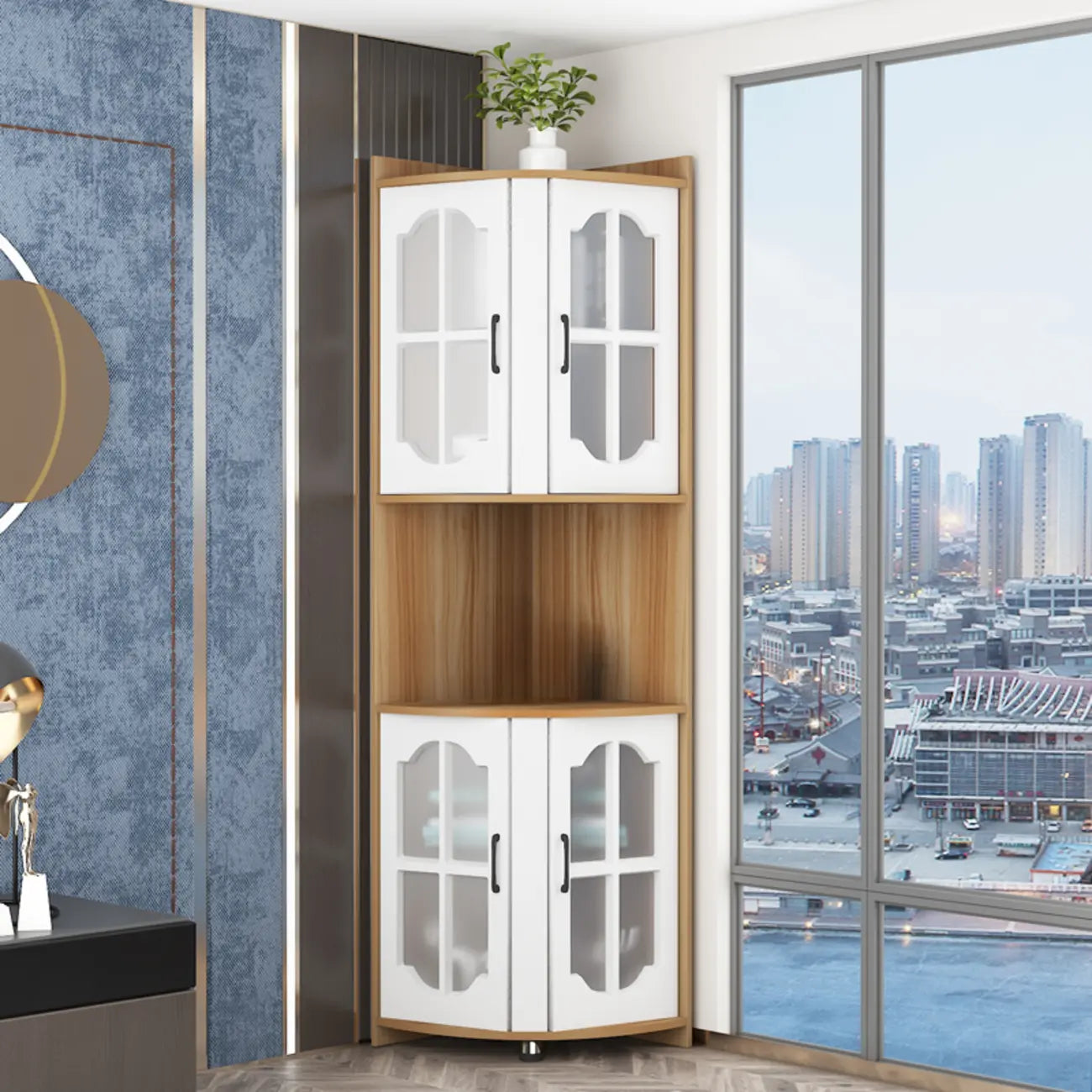 Élégant meuble de rangement d'angle en bois blanc vermillon