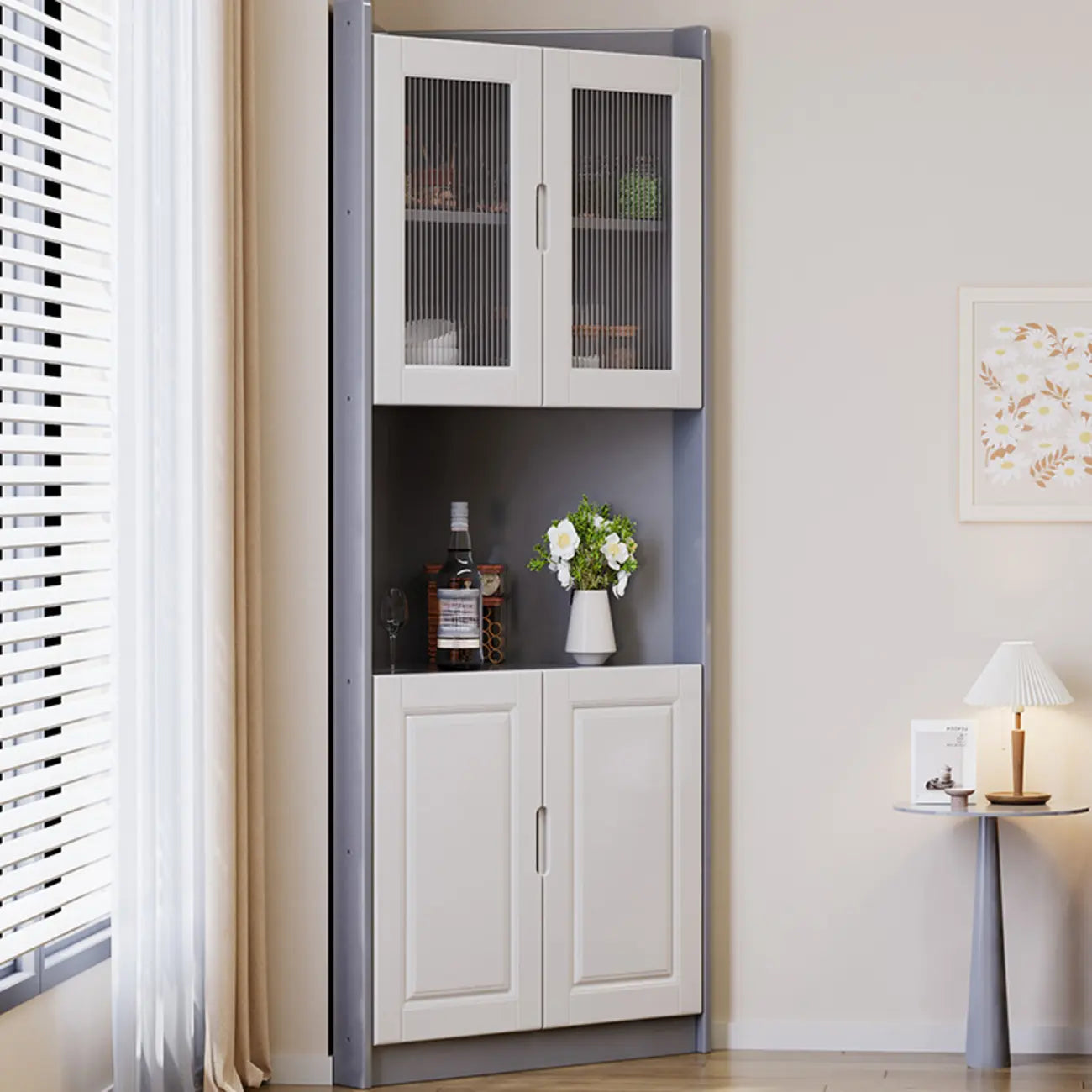 Armoire de rangement d'angle classique en bois brun noyer avec poignée rainurée
