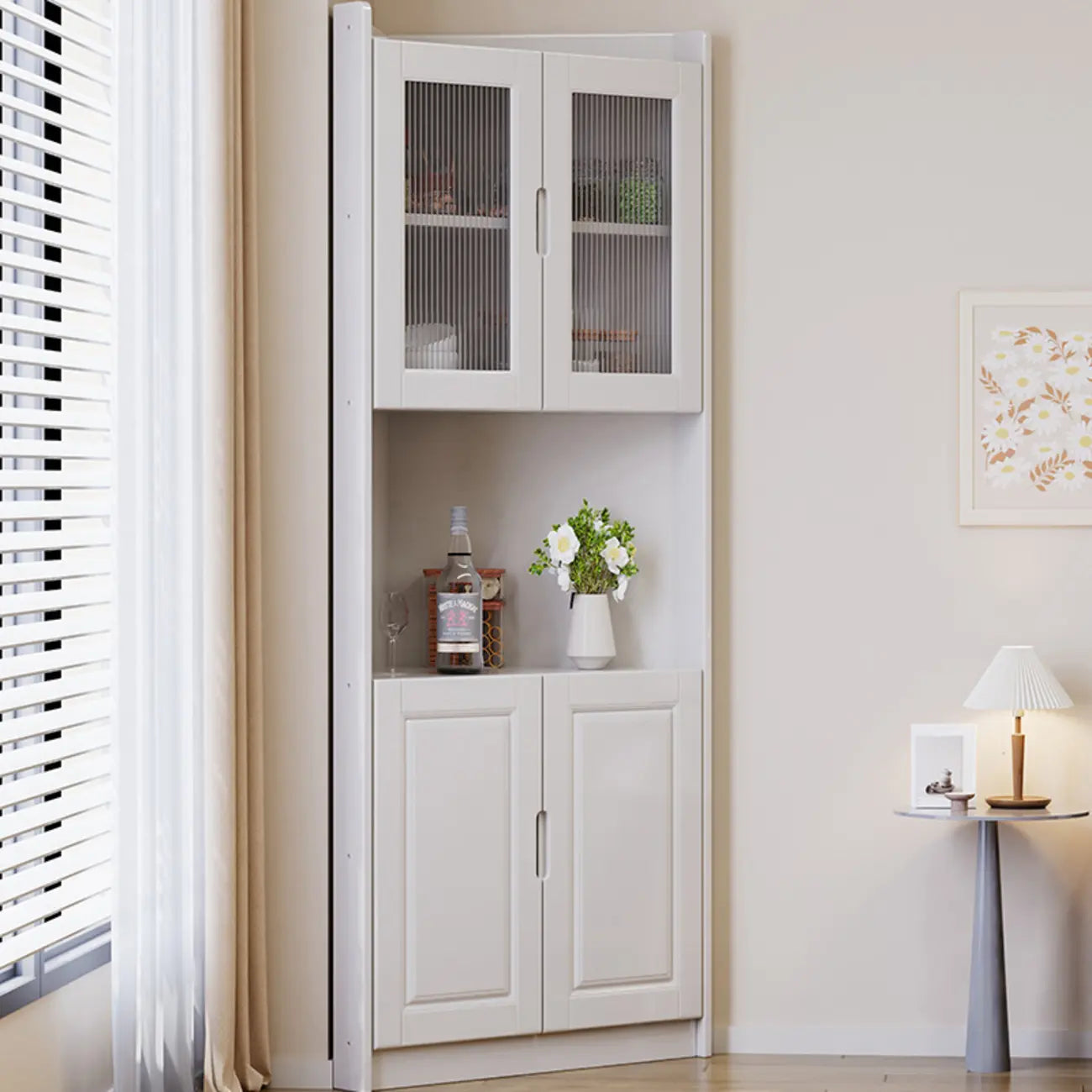 Armoire de rangement d'angle classique en bois brun noyer avec poignée rainurée
