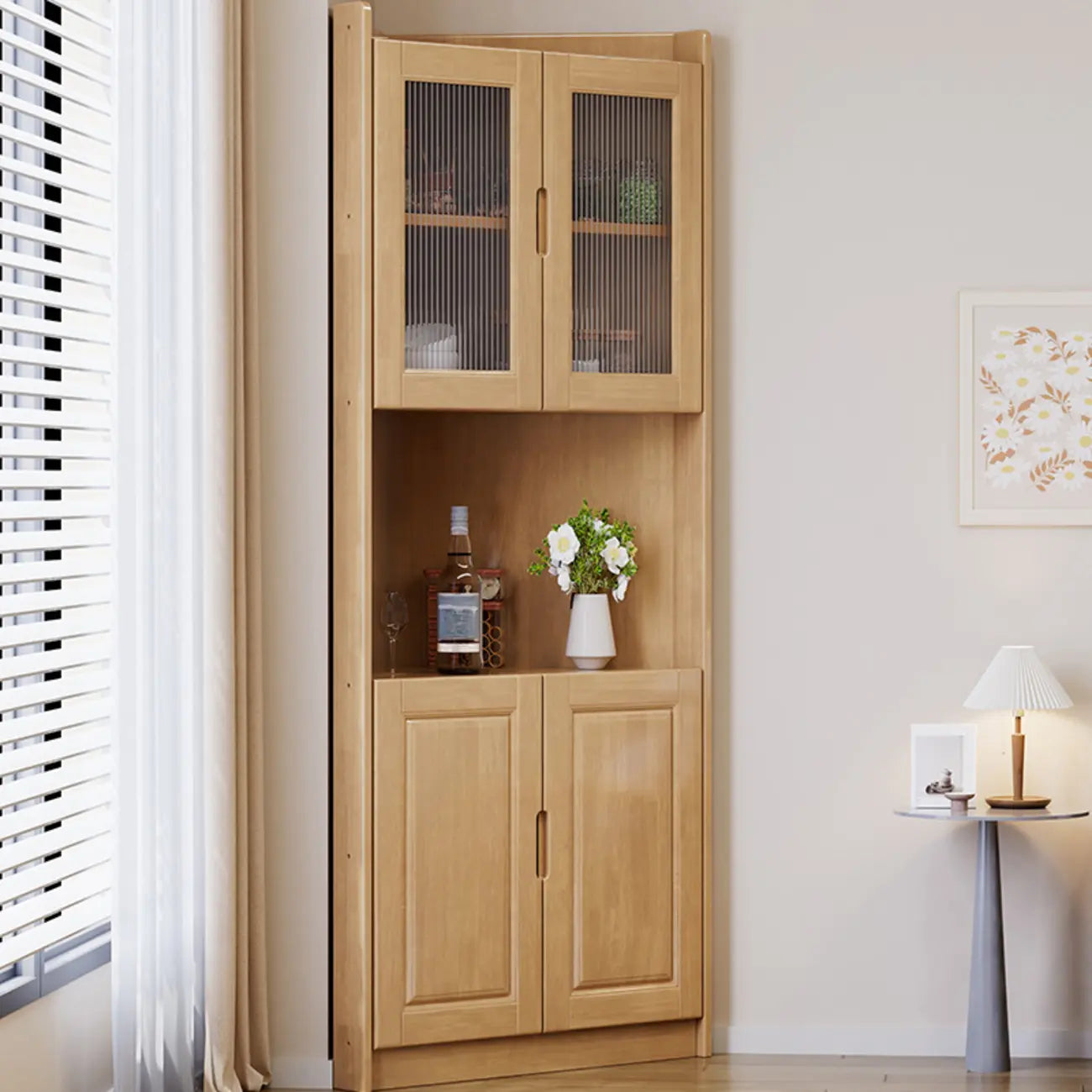 Armoire de rangement d'angle classique en bois brun noyer avec poignée rainurée