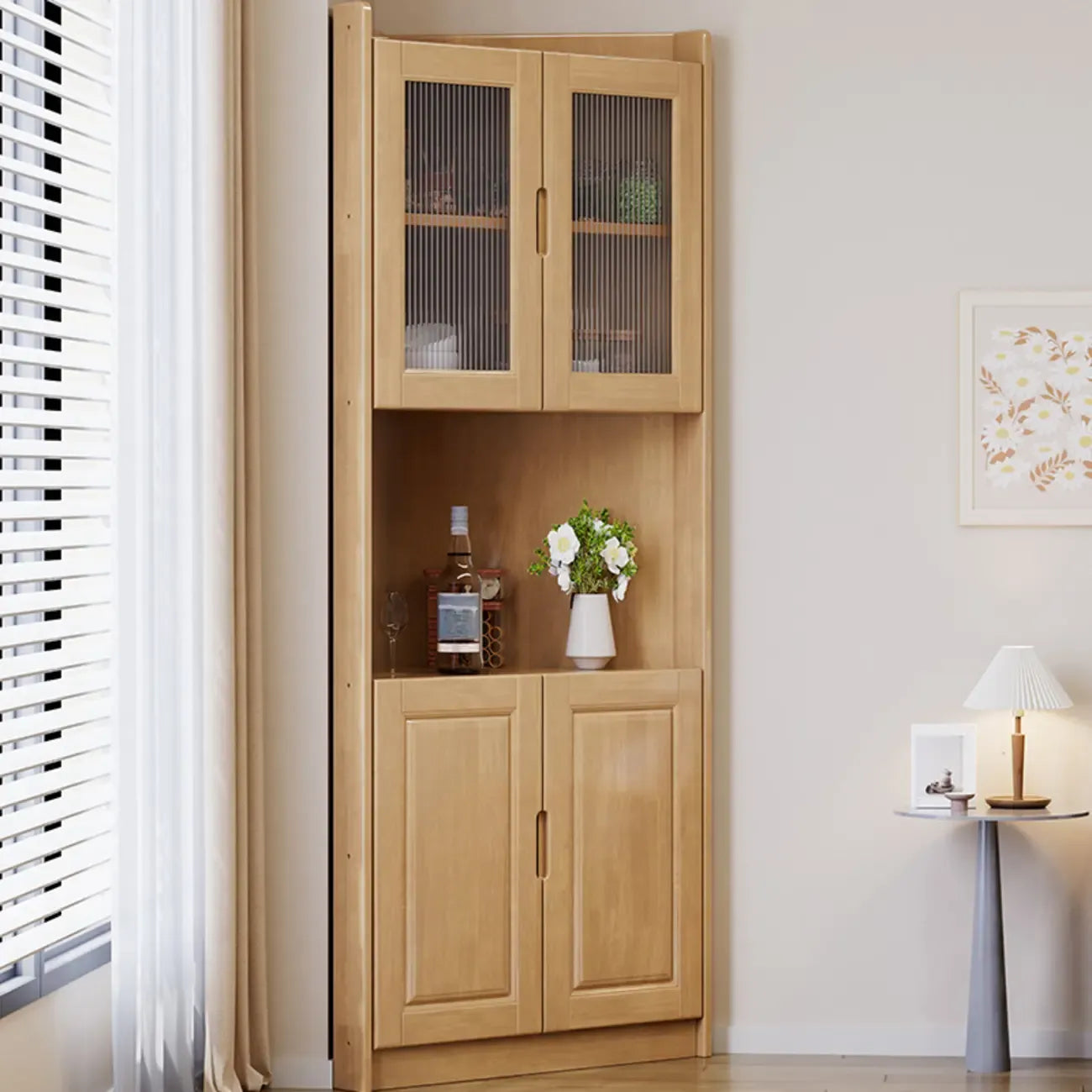 Armoire de rangement d'angle classique en bois brun noyer avec poignée rainurée