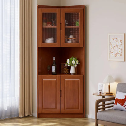 Armoire de rangement d'angle classique en bois brun noyer avec poignée rainurée
