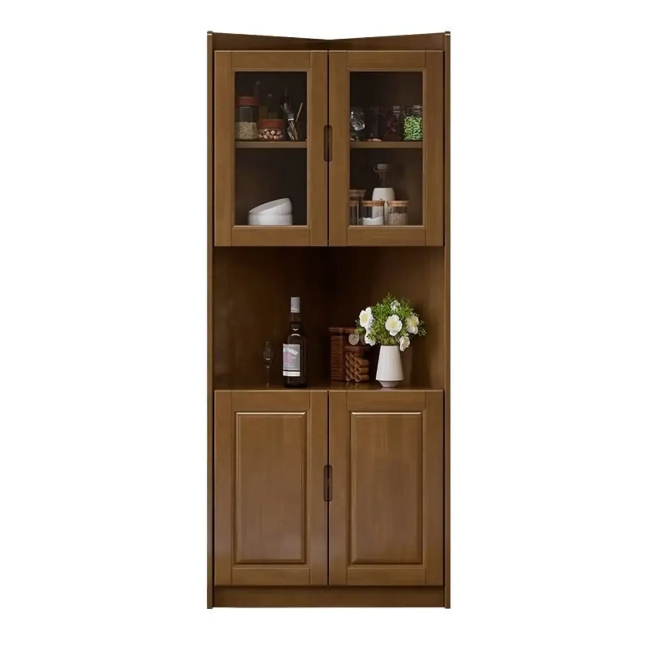 Armoire de rangement d'angle classique en bois brun noyer avec poignée rainurée