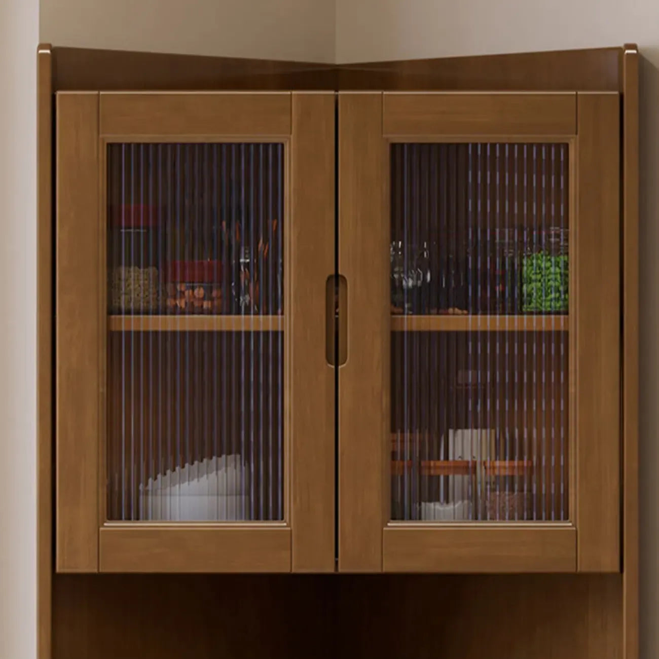 Armoire de rangement d'angle classique en bois brun noyer avec poignée rainurée