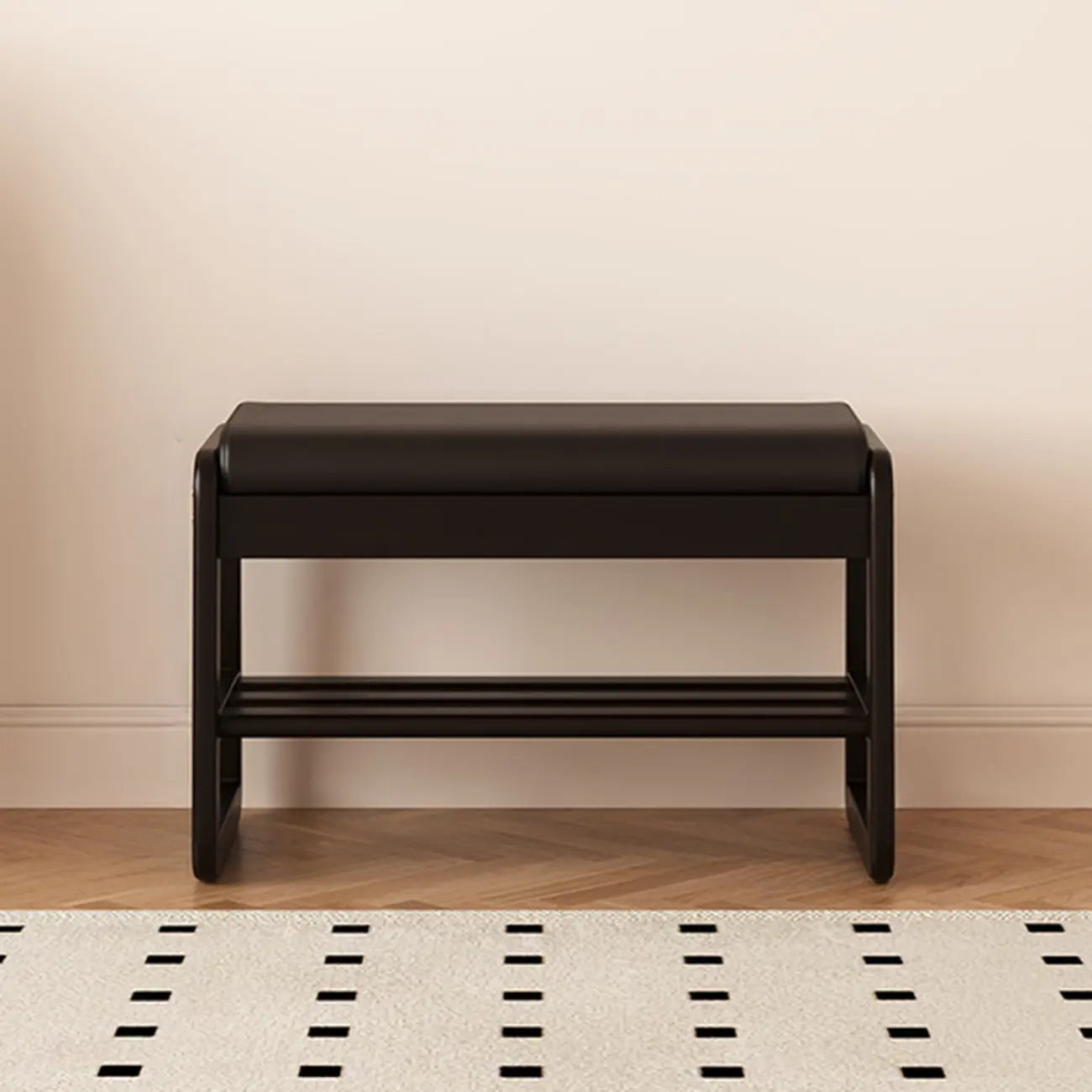 Banc à chaussures moderne noir capitonné avec étagères de rangement