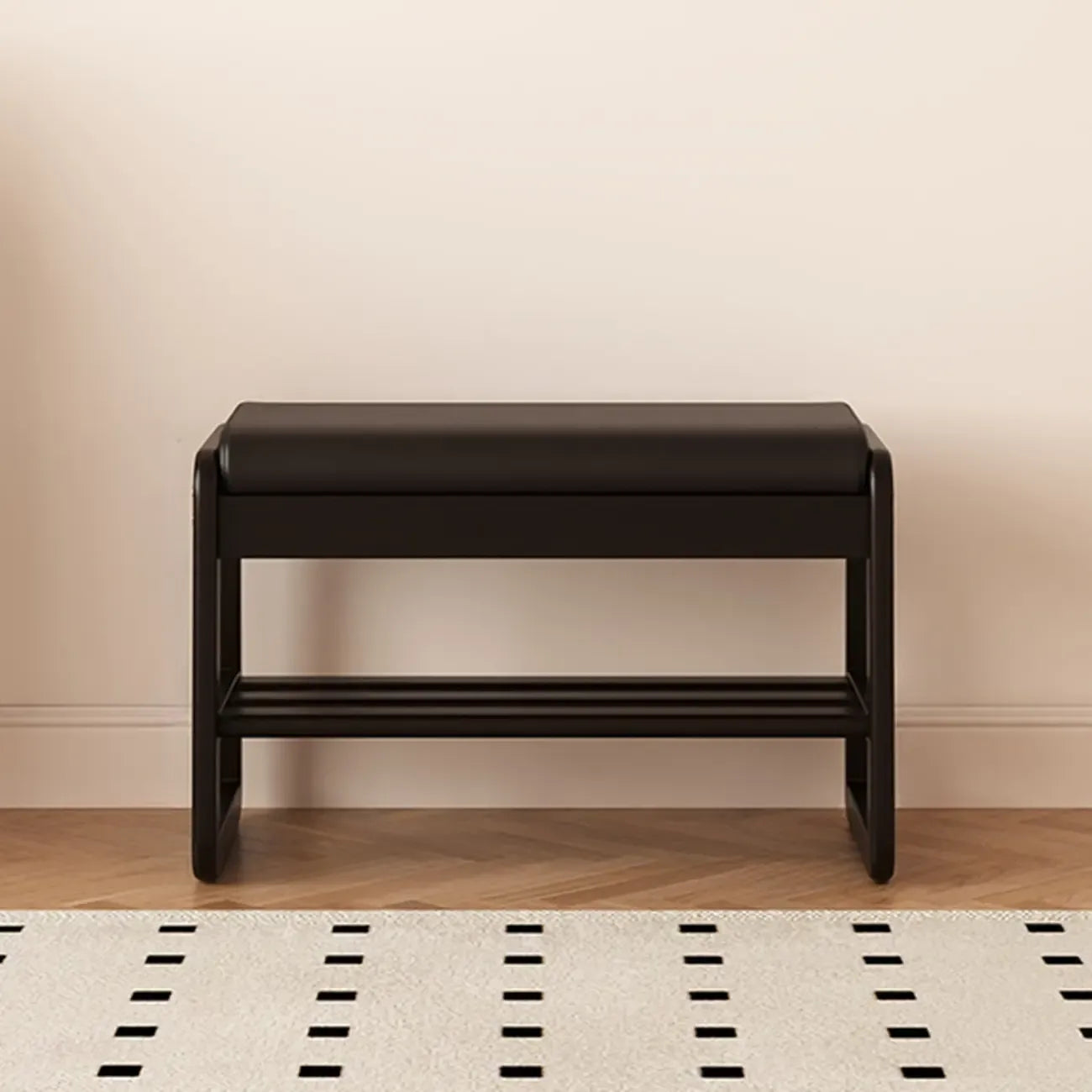 Banc à chaussures moderne noir capitonné avec étagères de rangement