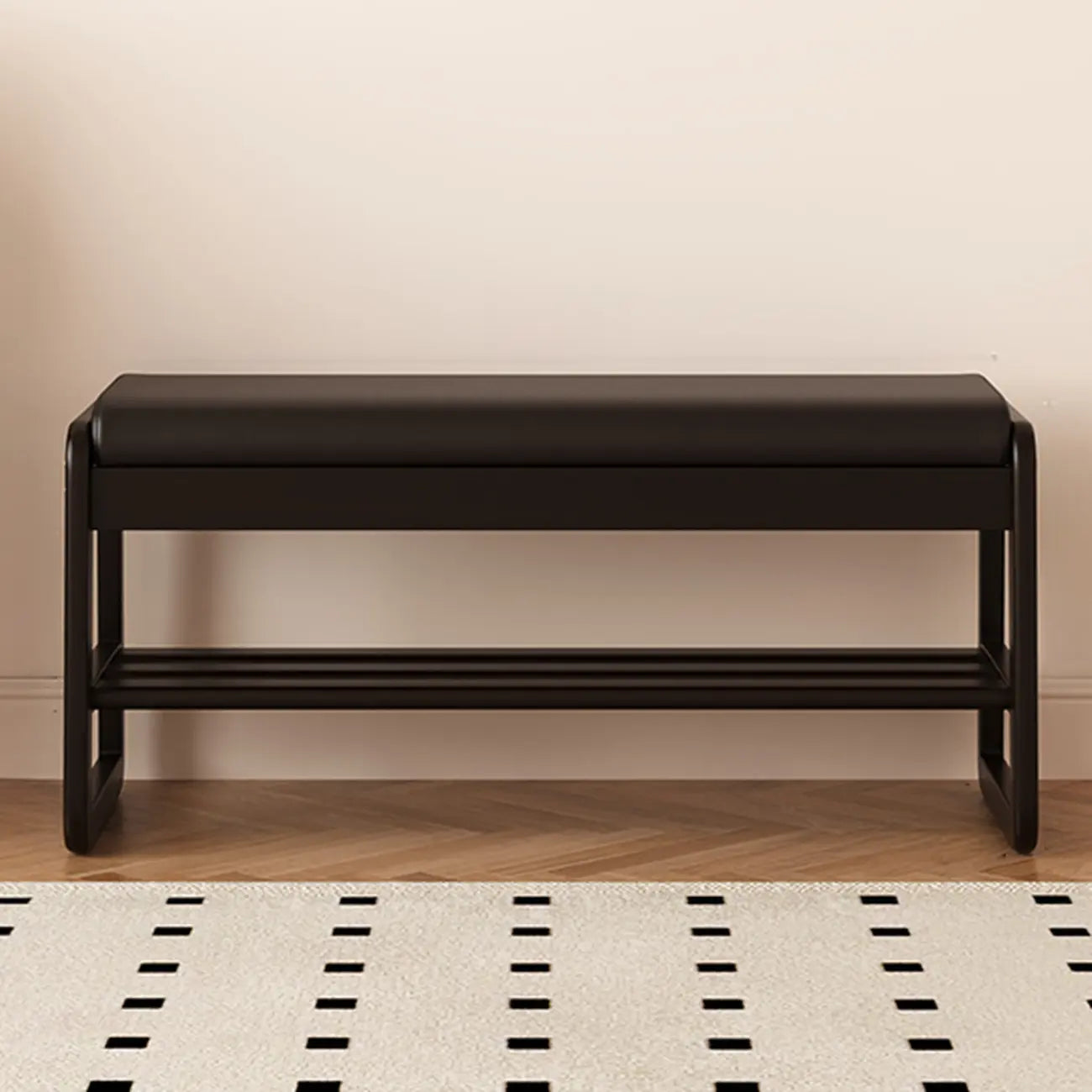 Banc à chaussures moderne noir capitonné avec étagères de rangement