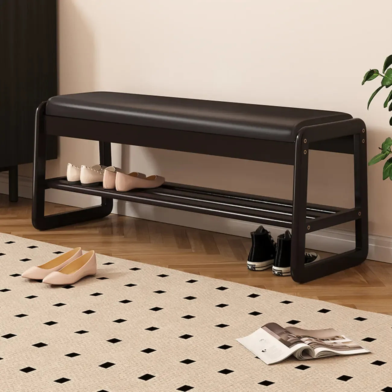 Banc à chaussures moderne noir capitonné avec étagères de rangement