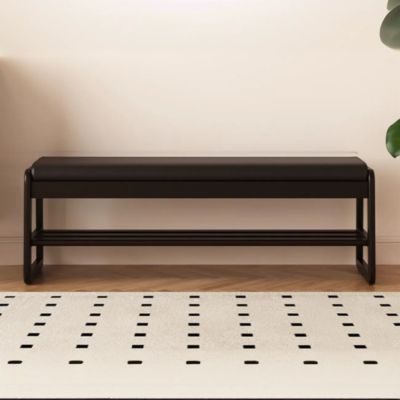 Banc à chaussures moderne noir capitonné avec étagères de rangement