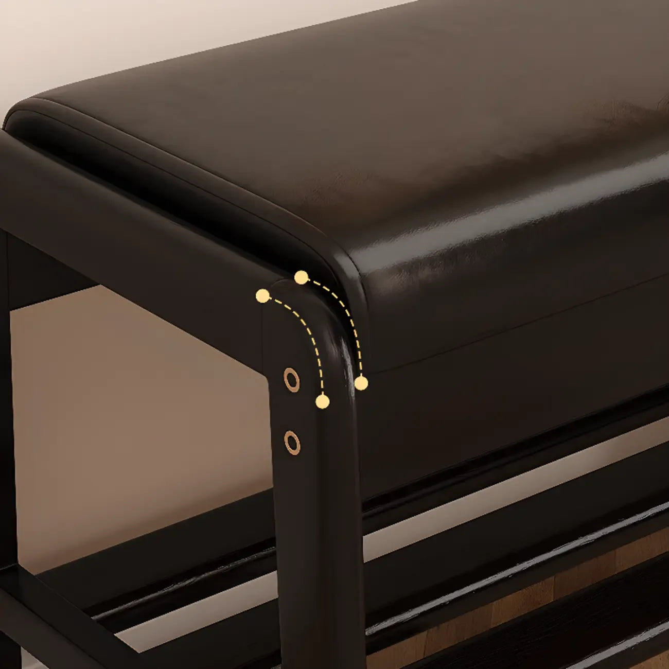 Banc à chaussures moderne noir capitonné avec étagères de rangement