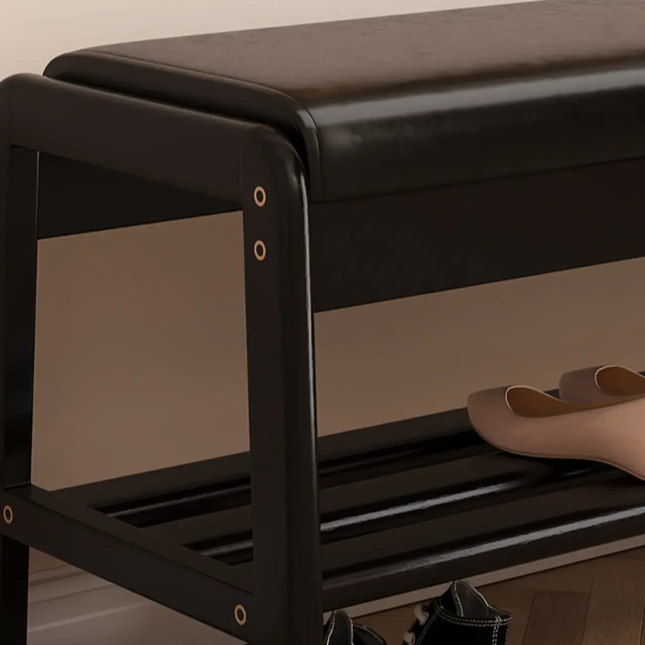 Banc à chaussures moderne noir capitonné avec étagères de rangement