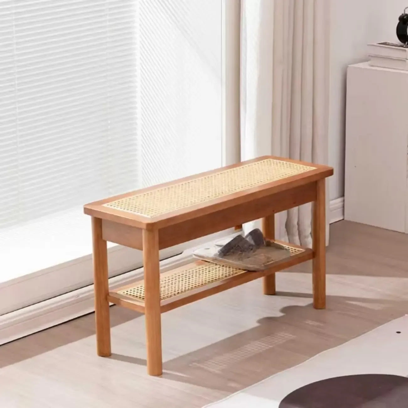 Banc à chaussures minimaliste en bois de cerisier avec rangement