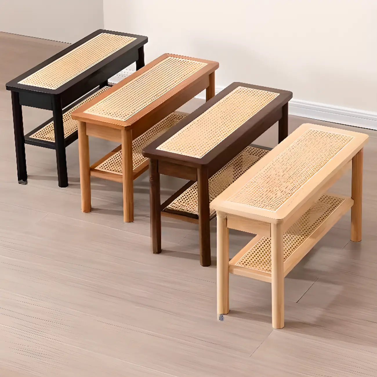 Banc à chaussures minimaliste en bois de cerisier avec rangement