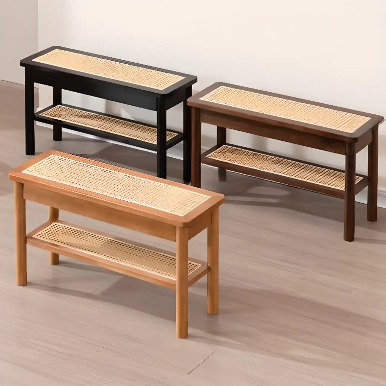 Banc à chaussures minimaliste en bois de cerisier avec rangement