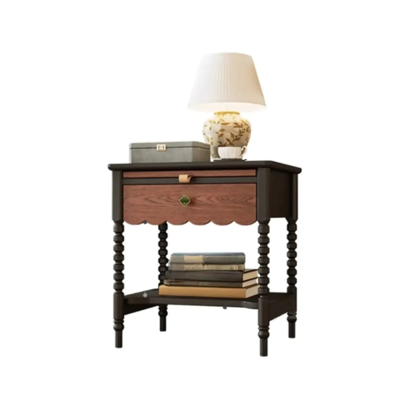 Table de chevet vintage en bois vieilli avec tiroir et étagères