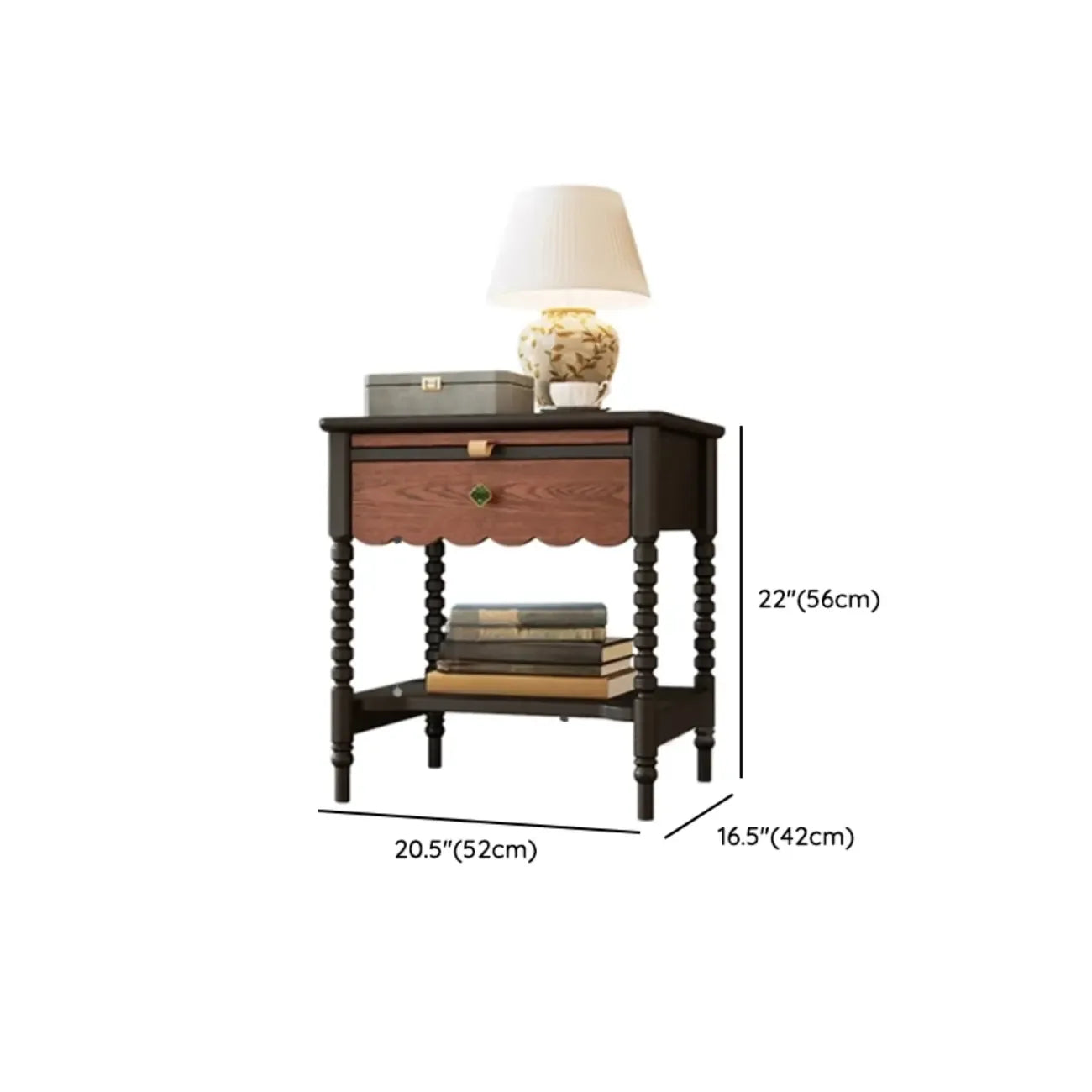 Table de chevet vintage en bois vieilli avec tiroir et étagères