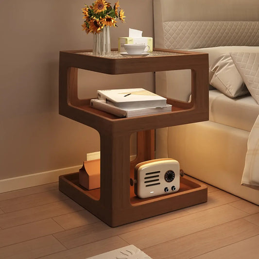 Table de chevet ouverte en bois d'hévéa avec plateau en verre cubique et éclairage intégré