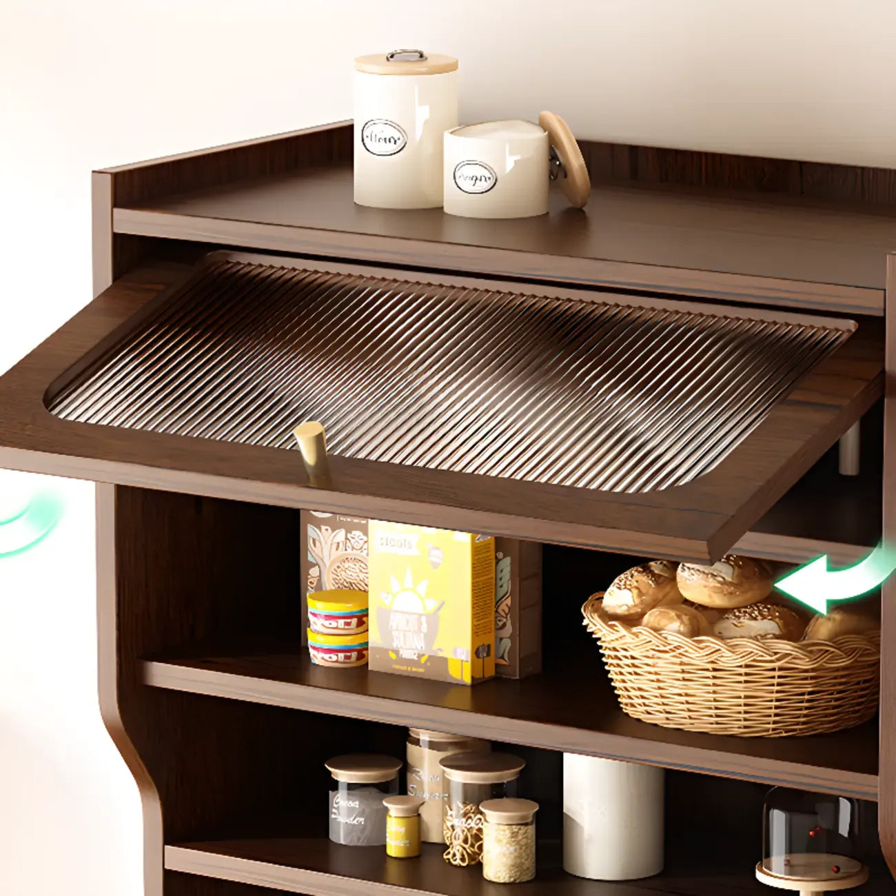 Buffet de rangement en bois de noyer avec panneaux perforés et portes en rotin