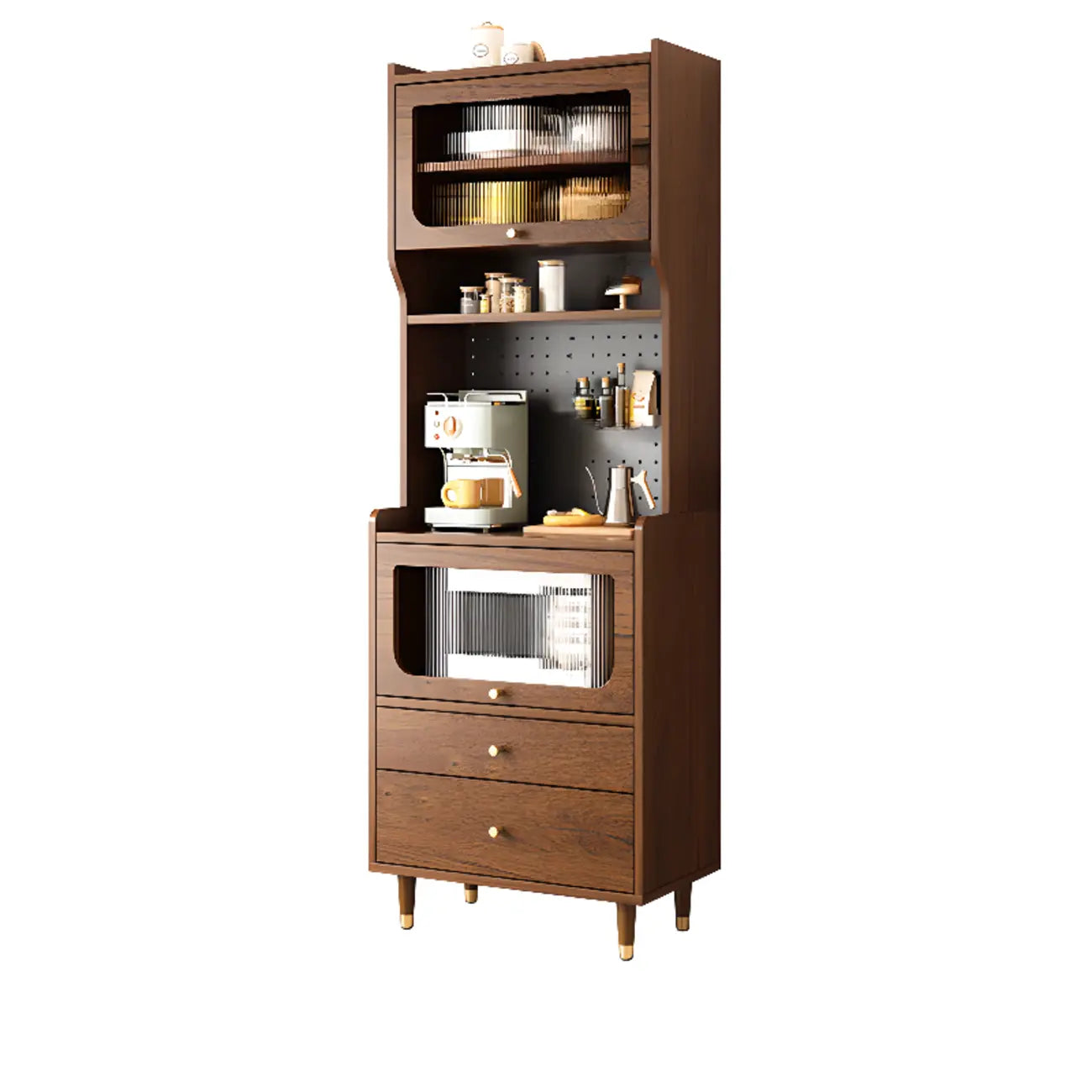 Buffet de rangement en bois de noyer avec panneaux perforés et portes en rotin