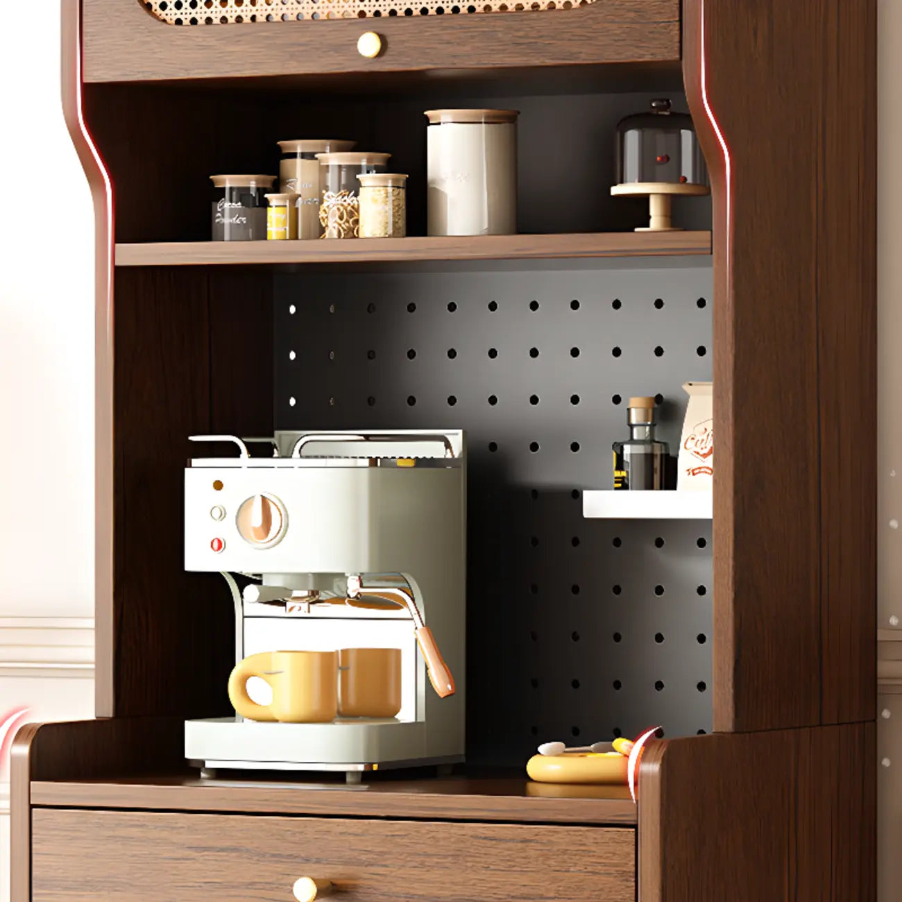 Buffet de rangement en bois de noyer avec panneaux perforés et portes en rotin