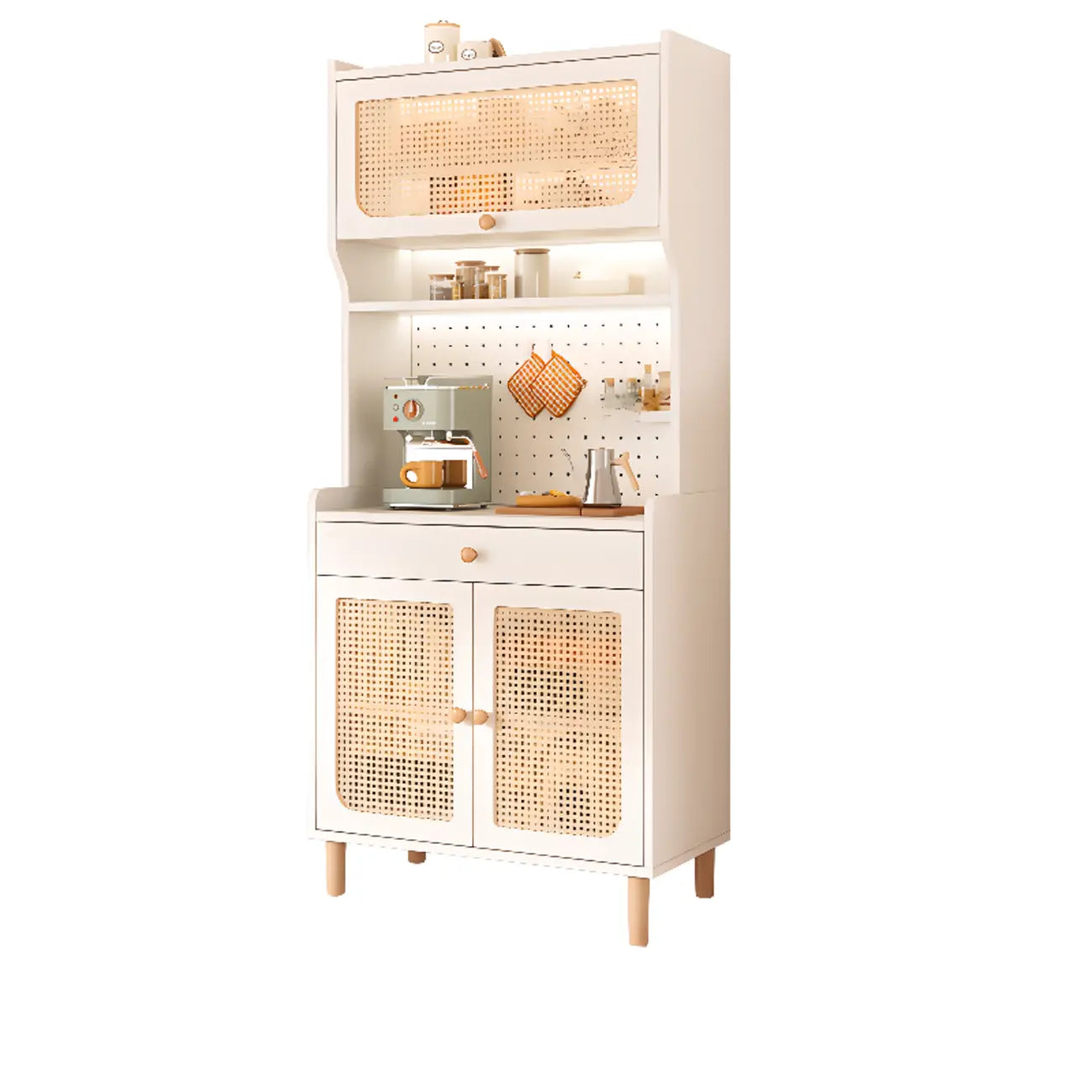 Buffet de rangement en bois de noyer avec panneaux perforés et portes en rotin