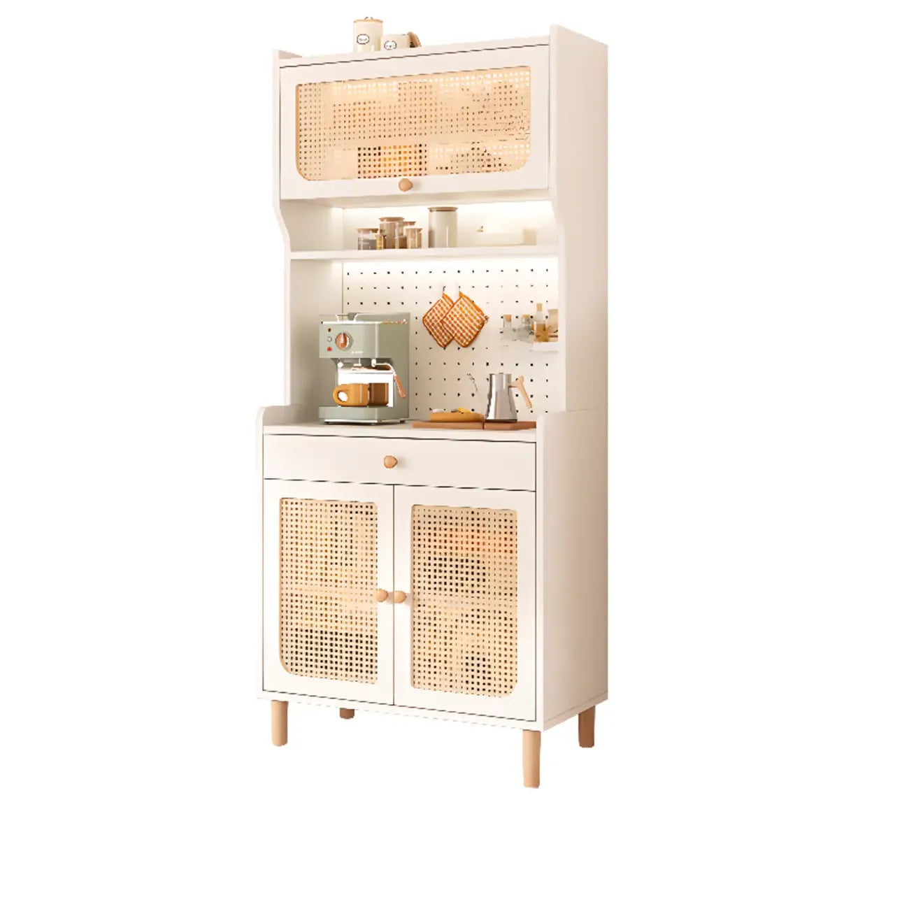 Buffet de rangement en bois de noyer avec panneaux perforés et portes en rotin