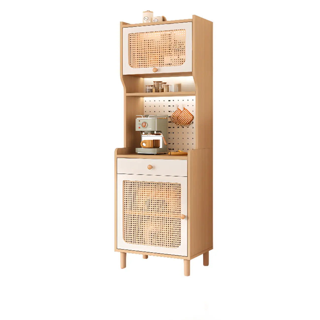 Buffet de rangement en bois de noyer avec panneaux perforés et portes en rotin