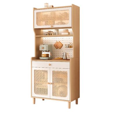 Buffet de rangement en bois de noyer avec panneaux perforés et portes en rotin
