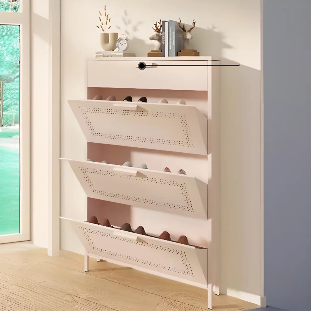 Meuble à chaussures mural en acier pour entrée avec 3 tiroirs rabattables