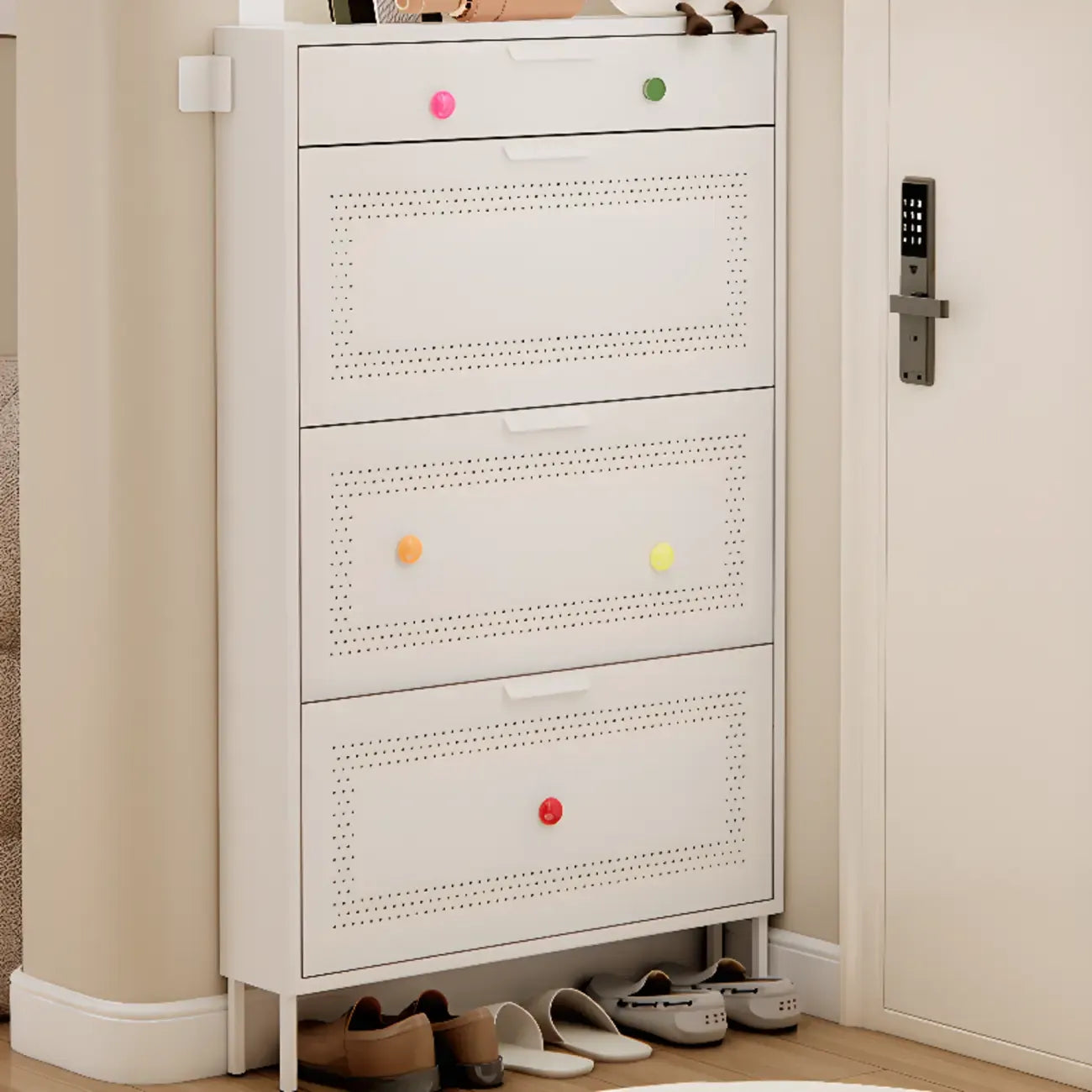 Meuble à chaussures mural en acier pour entrée avec 3 tiroirs rabattables