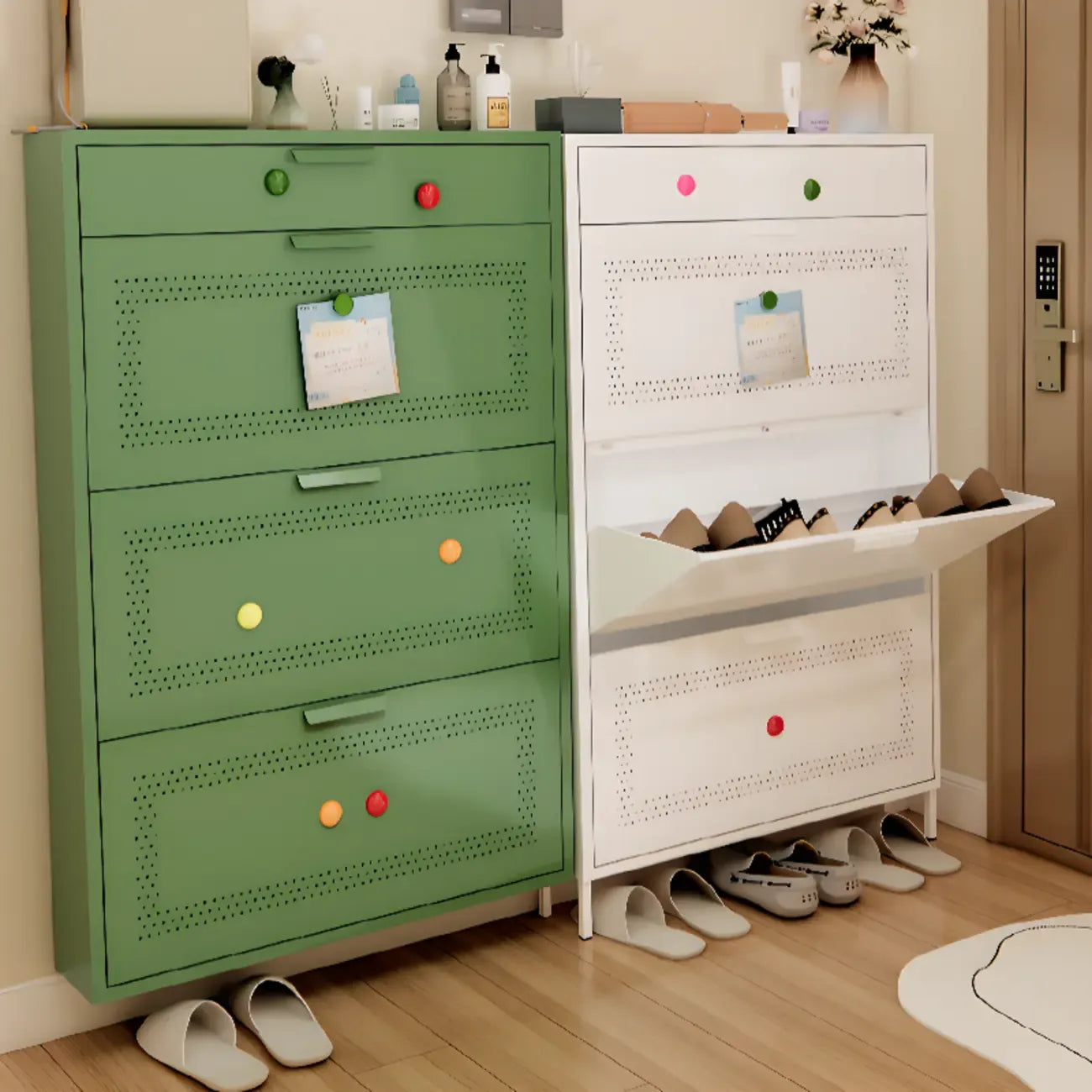 Meuble à chaussures mural en acier pour entrée avec 3 tiroirs rabattables