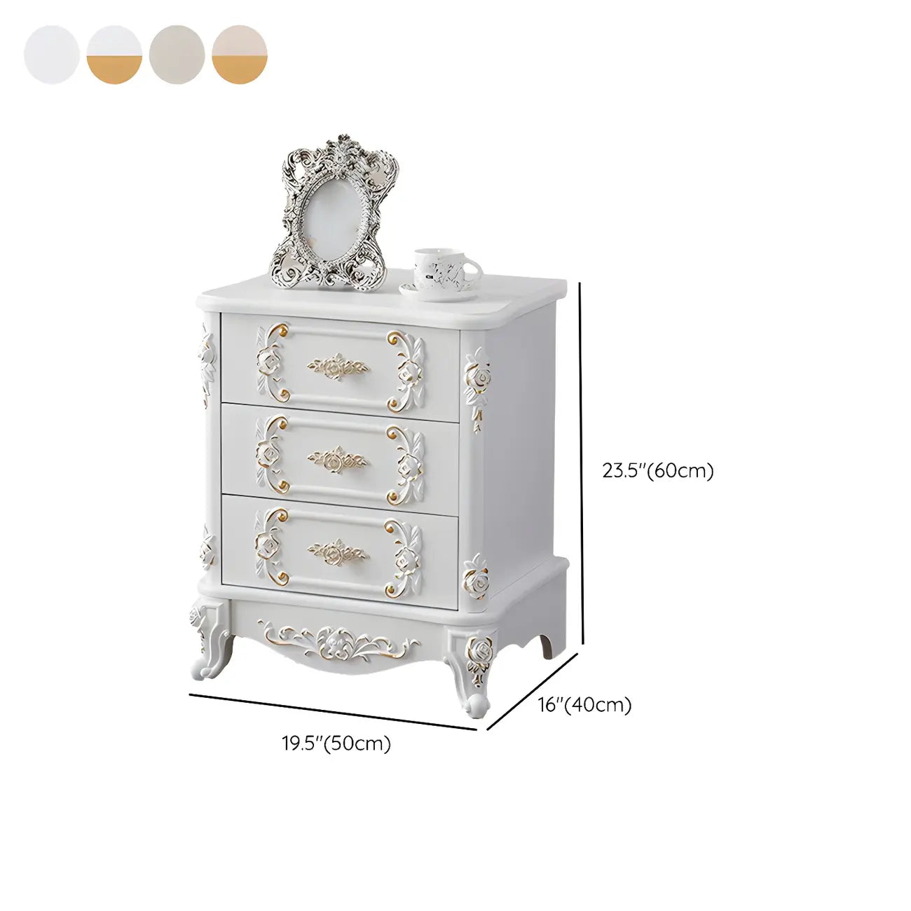 Table de chevet traditionnelle en bois blanc sculpté à 3 tiroirs