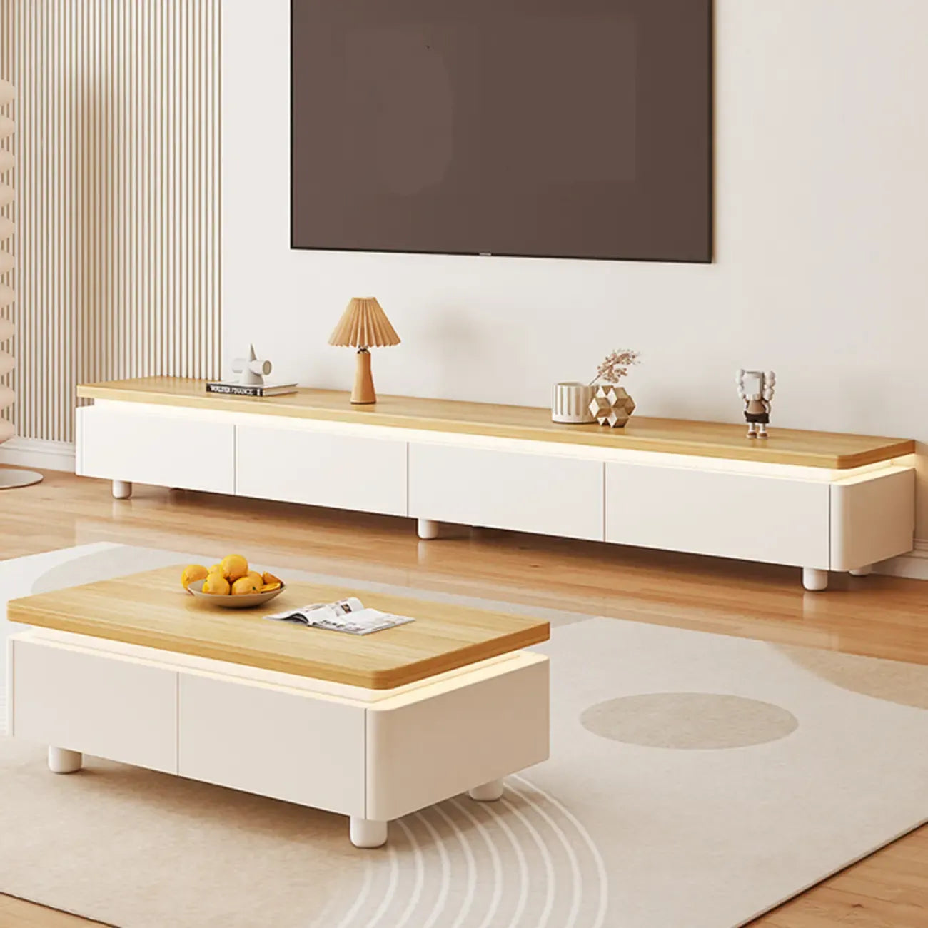 Meuble TV de rangement avec gestion des câbles en bois bicolore naturel 94