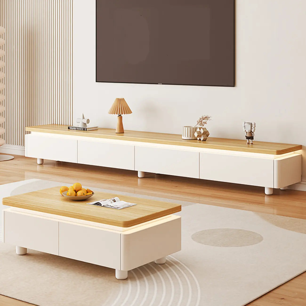 Meuble TV de rangement avec gestion des câbles en bois bicolore naturel 94