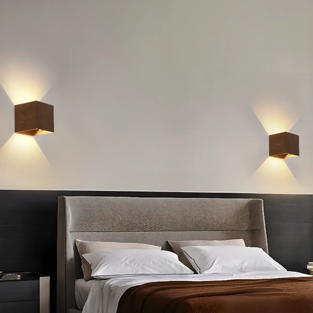 Applique murale géométrique en noyer à 2 lumières LED avec éclairage haut et bas