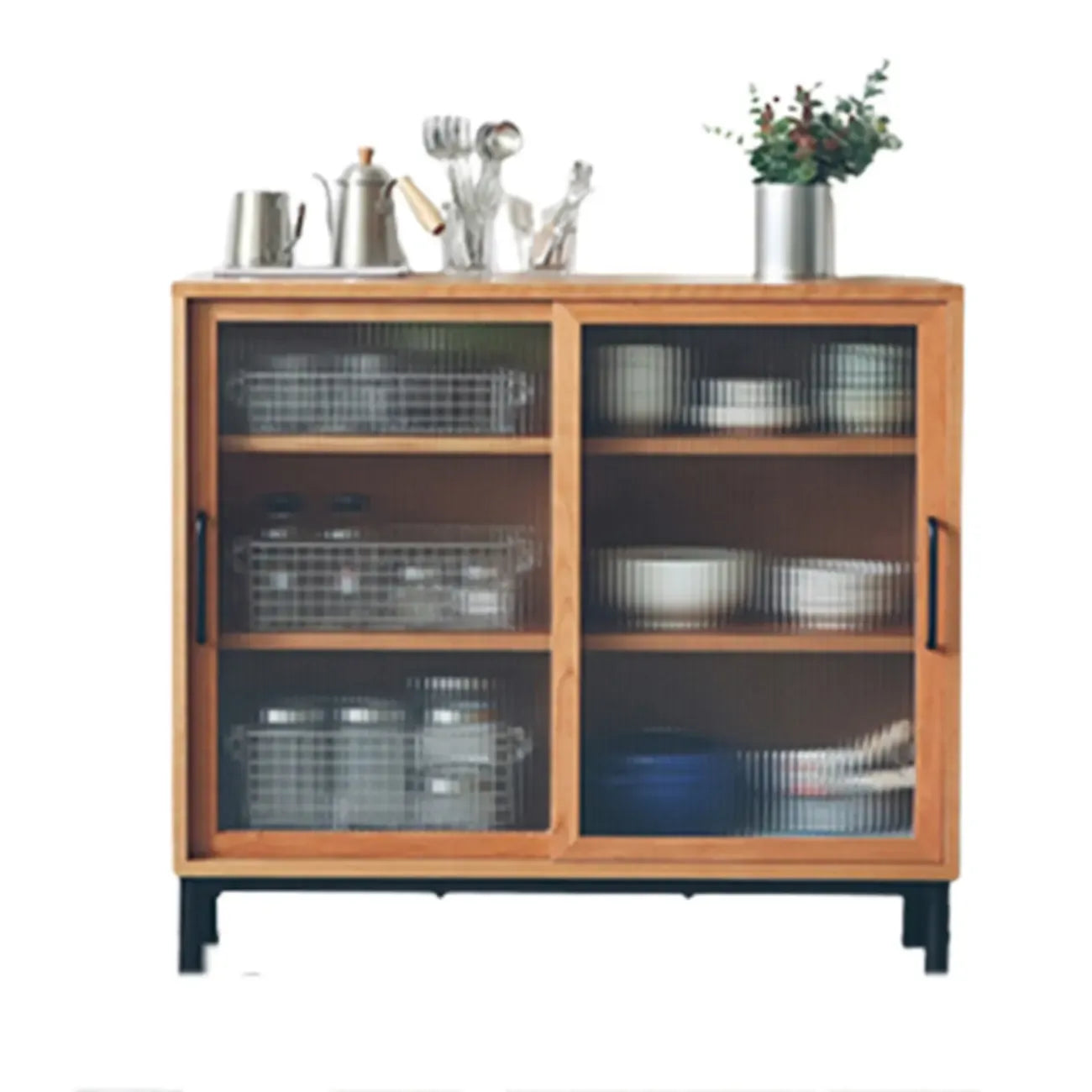 Armoire de rangement moderne en bois naturel avec portes coulissantes en verre