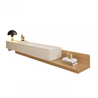 Meuble TV moderne en bois avec rangement ouvert et système de gestion des câbles