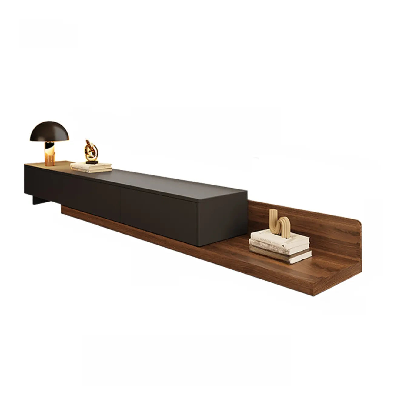 Meuble TV moderne en bois avec rangement ouvert et système de gestion des câbles