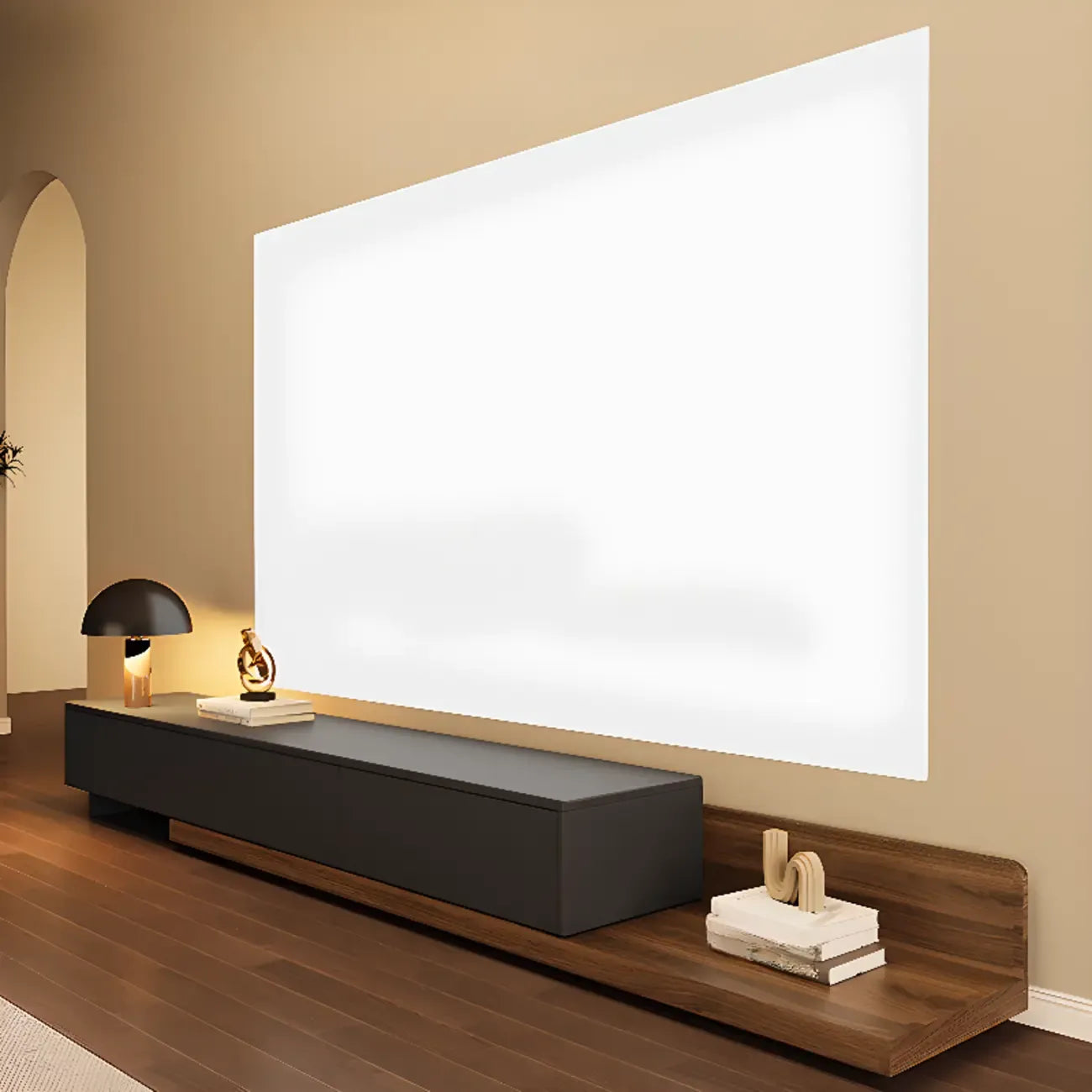 Meuble TV moderne en bois avec rangement ouvert et système de gestion des câbles