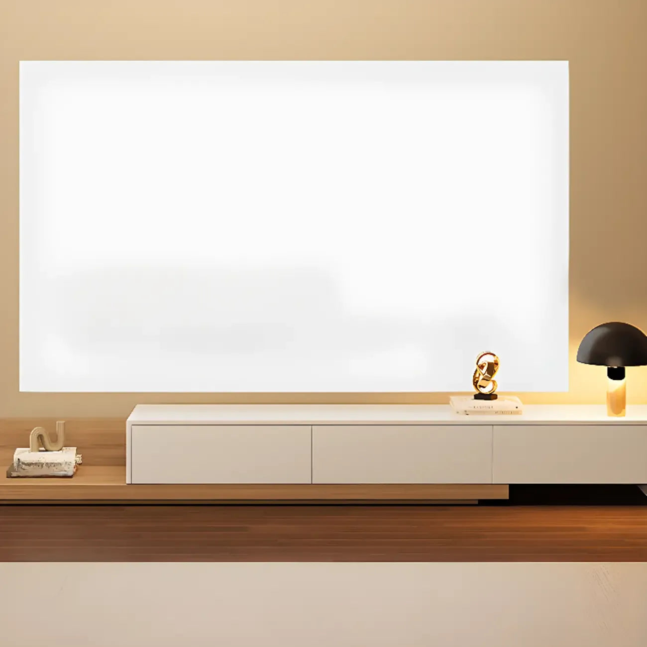 Meuble TV moderne en bois avec rangement ouvert et système de gestion des câbles